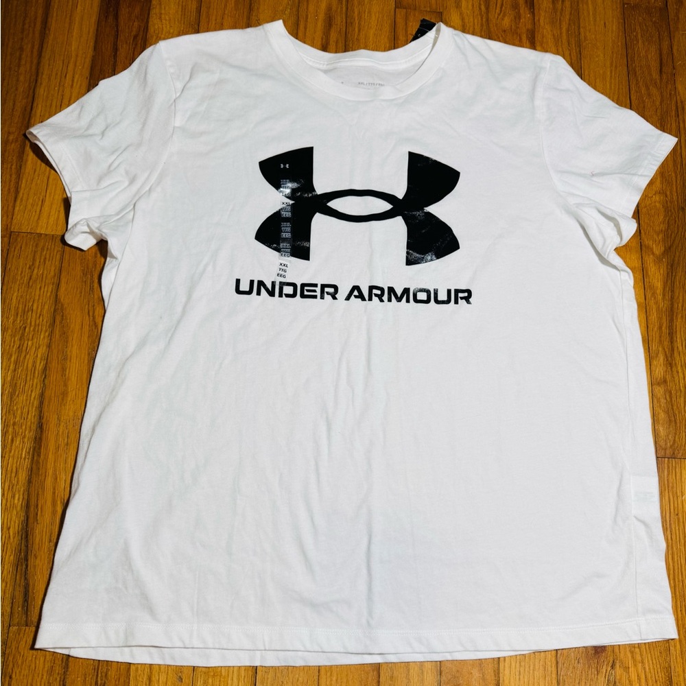Under Armour Women’s White T Shirt Black Logo Size XXL